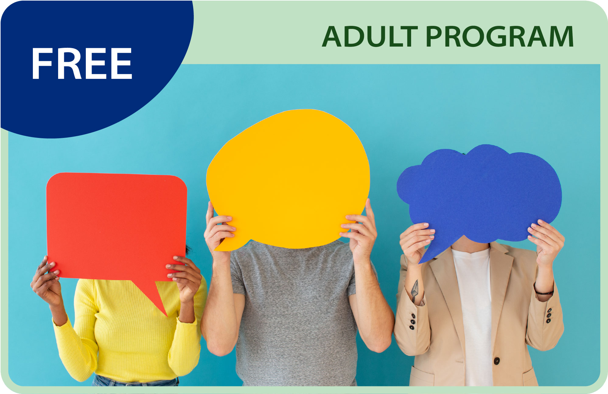 Illustrative image that says Free Event with people holding up speech bubbles