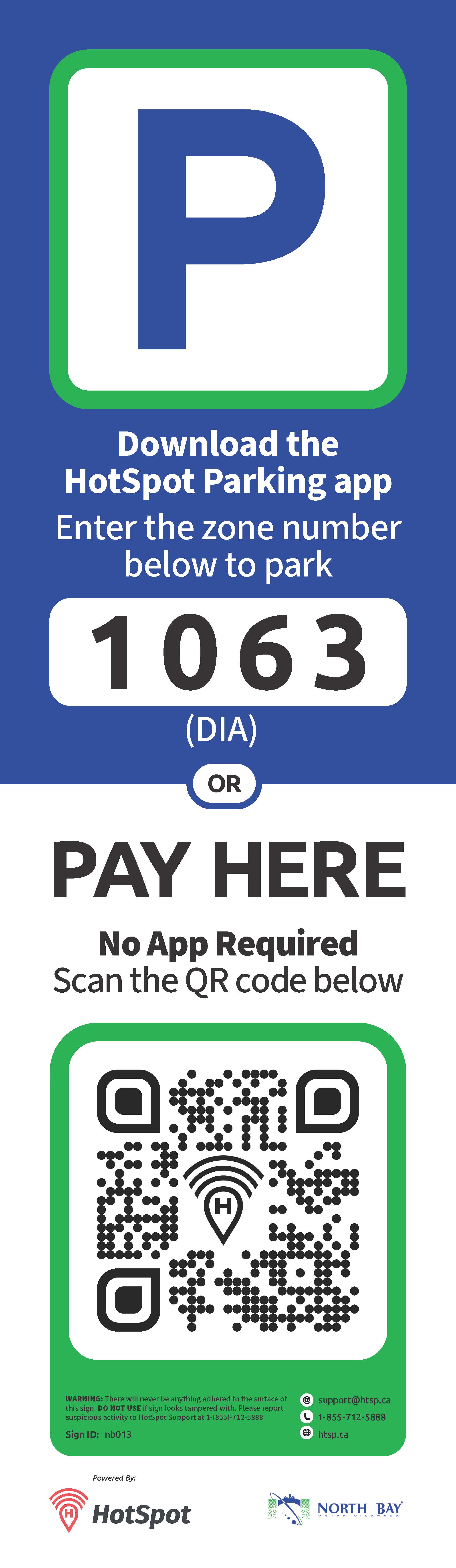Image of a North Bay parking sign with a large 'P' parking symbol, a zone number, and a QR code